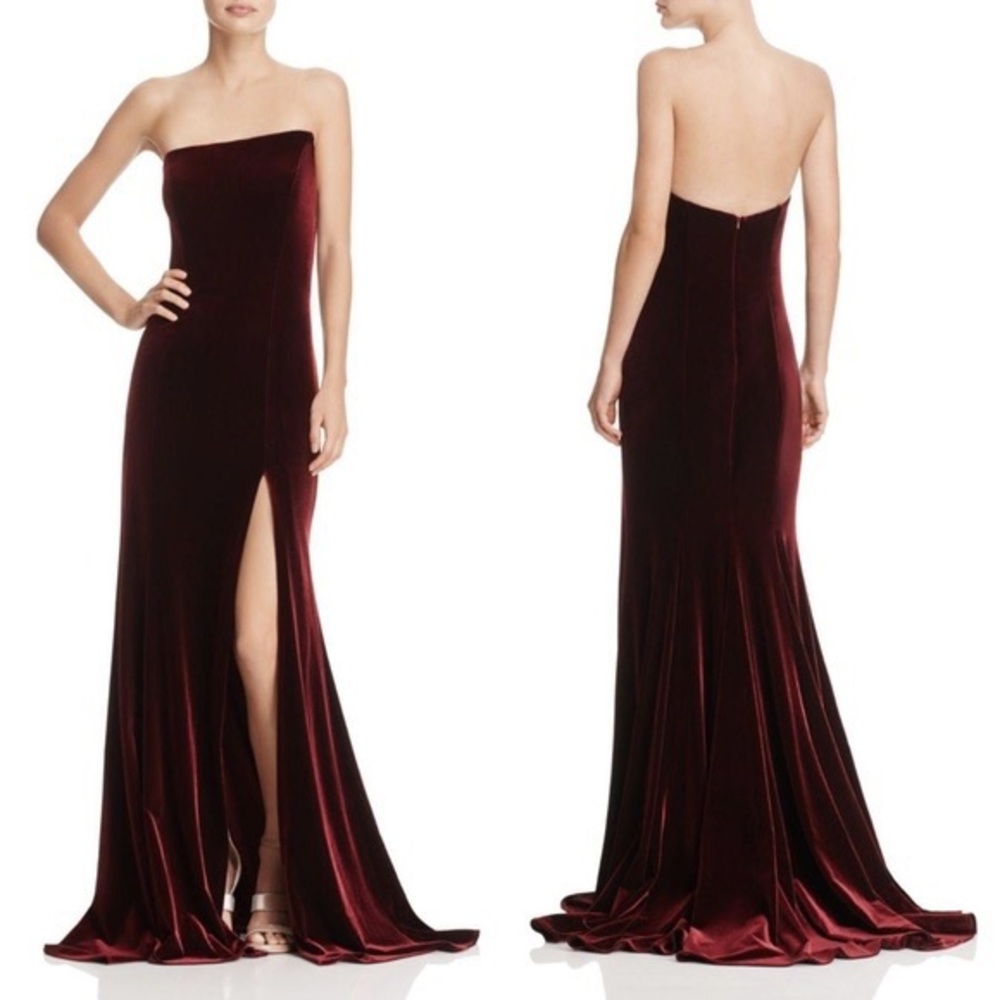 XSCAPE asymmetric strapless velvet evening gown